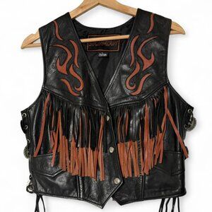 Skin-Tan Leather Vest Women's Size L Black Orange Suede Western Fringes Biker